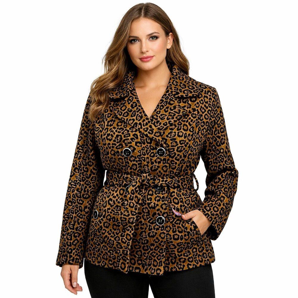 Free Spirit Double Breasted Trench Coat Size Large Cheetah NWOT
